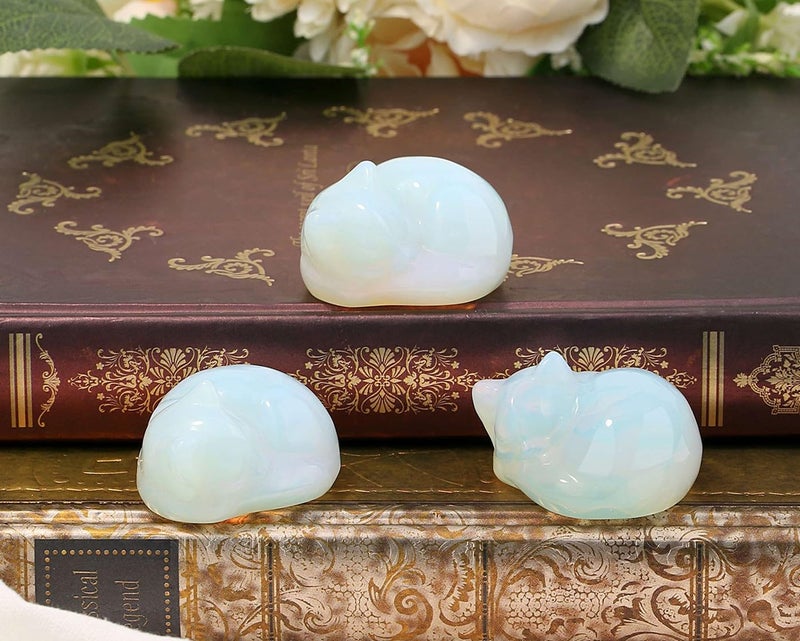 LAIDANLA Opal Sleeping Cat Statue Healing Crystals Moonstones Hand Carved Cute Kitten Figurine Sculpture 1.6"" Opalite White Gemstone Decor Polished Stone Reiki Office Desk Home Decoration Gifts - Image 2