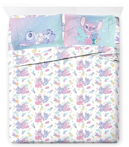 Jay Franco Disney Lilo Stitch Full Size Sheet Set 4 Piece Bed Linens Includes Fitted Flat 2 Pillowcases Deep Pocket UltraSoft Brushed Microfiber White Floral Angel Design - Image 1