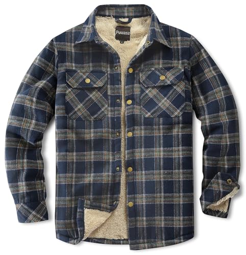 Puwasa Men's Sherpa Lined Cotton Flannel Shirt Jacket Plaid Button Up Jacket Coat for Men with Pocket Blue Small - Image 1