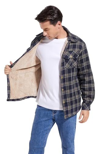 Puwasa Men's Sherpa Lined Cotton Flannel Shirt Jacket Plaid Button Up Jacket Coat for Men with Pocket Blue Small - Image 2