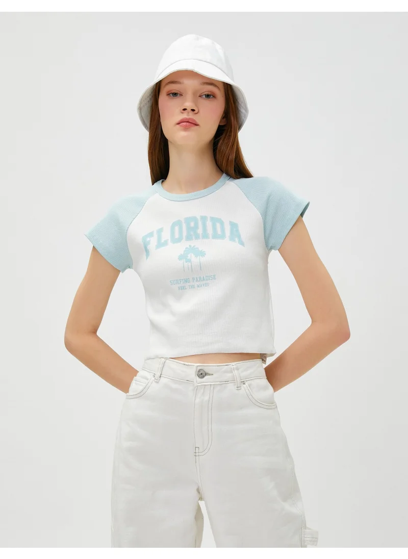كوتون Crop T-Shirt Printed Crew Neck Short Sleeve