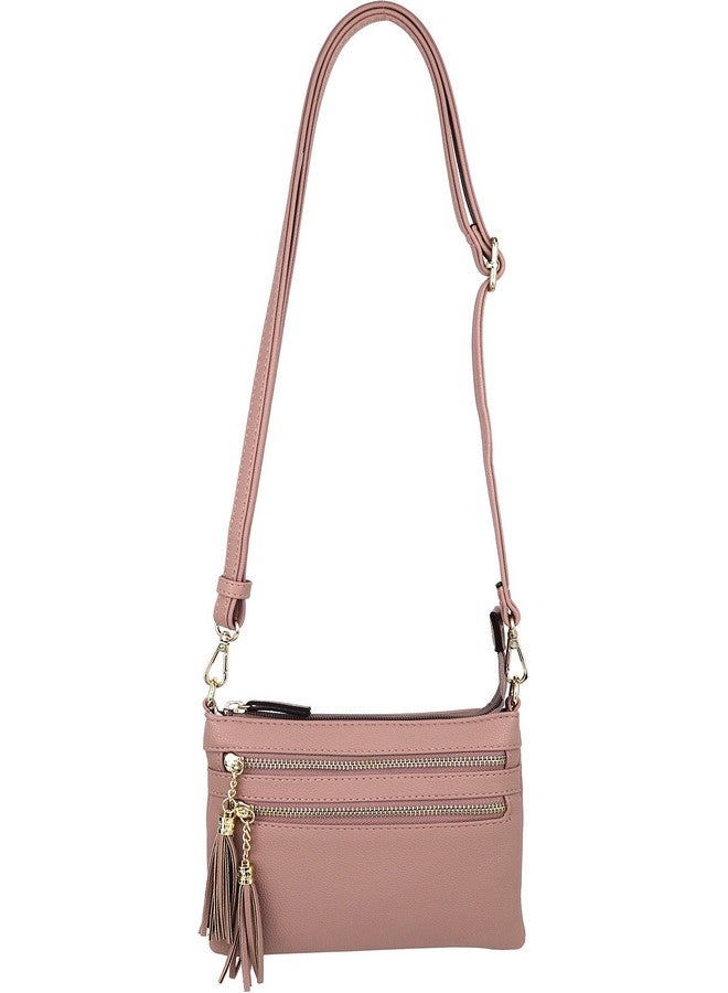 B BRENTANO Vegan Mini Multizipper Crossbody Handbag Purse With Tassel Accents (Blush.) - Image 3