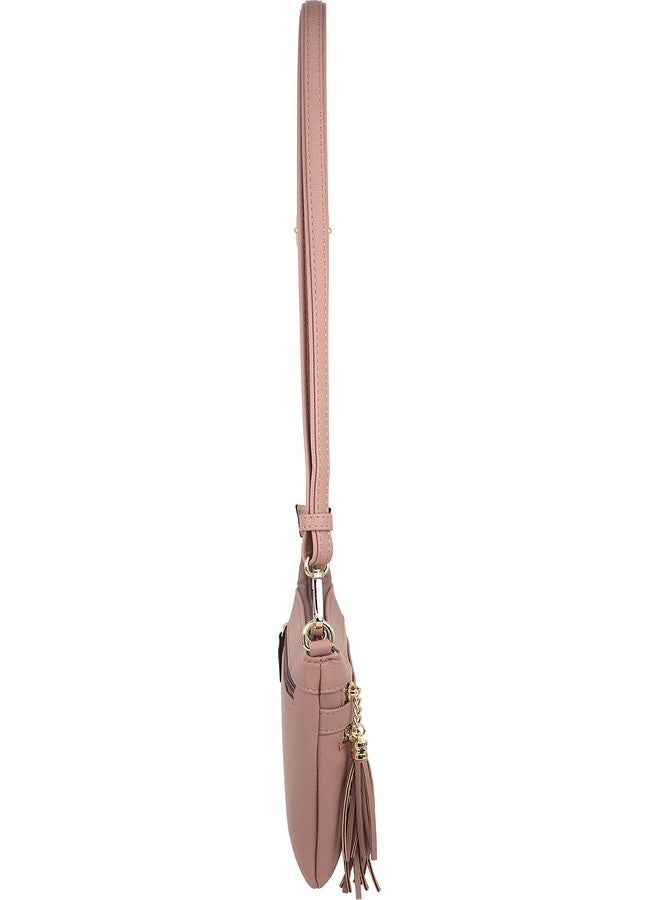B BRENTANO Vegan Mini Multizipper Crossbody Handbag Purse With Tassel Accents (Blush.) - Image 4