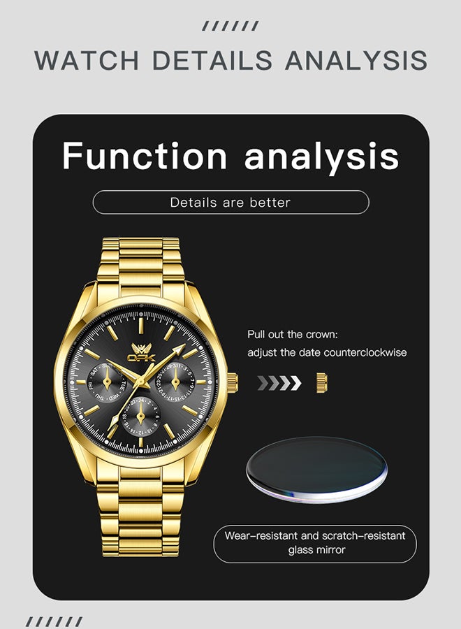 OPK Watches, Fashionable and Casual Men's Watch, Luminous Waterproof Quartz Watch, Men's Watch, 6024, All-Gold Black Dial - Image 4