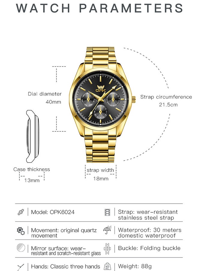 OPK Watches, Fashionable and Casual Men's Watch, Luminous Waterproof Quartz Watch, Men's Watch, 6024, All-Gold Black Dial - Image 3