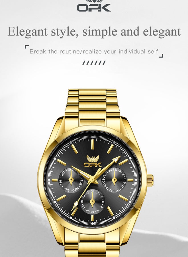 OPK Watches, Fashionable and Casual Men's Watch, Luminous Waterproof Quartz Watch, Men's Watch, 6024, All-Gold Black Dial - Image 2