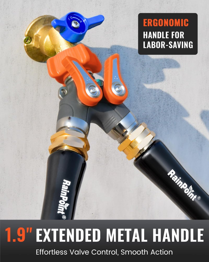 RAINPOINT Garden Hose Splitter, 2 Way Heavy Duty Water Hose Y Spigot Splitter with Shutoff Valves, 100% Metal Body Outdoor Faucet Splitter, 1.9" Extra Long Metal Handle, 3/4" GHT Thread (1, Orange) - Image 3