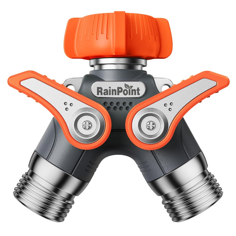 RAINPOINT Garden Hose Splitter, 2 Way Heavy Duty Water Hose Y Spigot Splitter with Shutoff Valves, 100% Metal Body Outdoor Faucet Splitter, 1.9" Extra Long Metal Handle, 3/4" GHT Thread (1, Orange) - Image 1