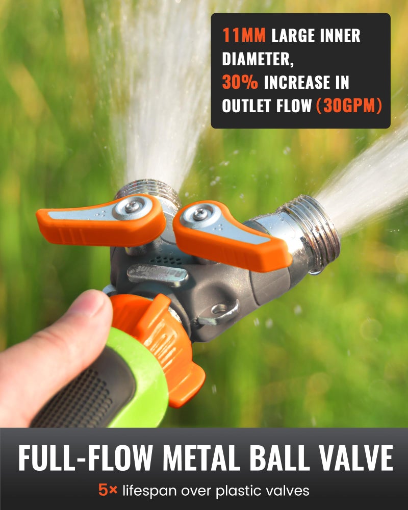 RAINPOINT Garden Hose Splitter, 2 Way Heavy Duty Water Hose Y Spigot Splitter with Shutoff Valves, 100% Metal Body Outdoor Faucet Splitter, 1.9" Extra Long Metal Handle, 3/4" GHT Thread (1, Orange) - Image 4