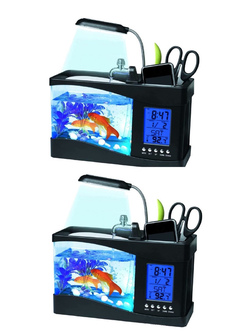 مصباح مكتب LCD صغير USB لحوض سمك مع تقويم و ساعة LED أسود 2 قطع - Image 1