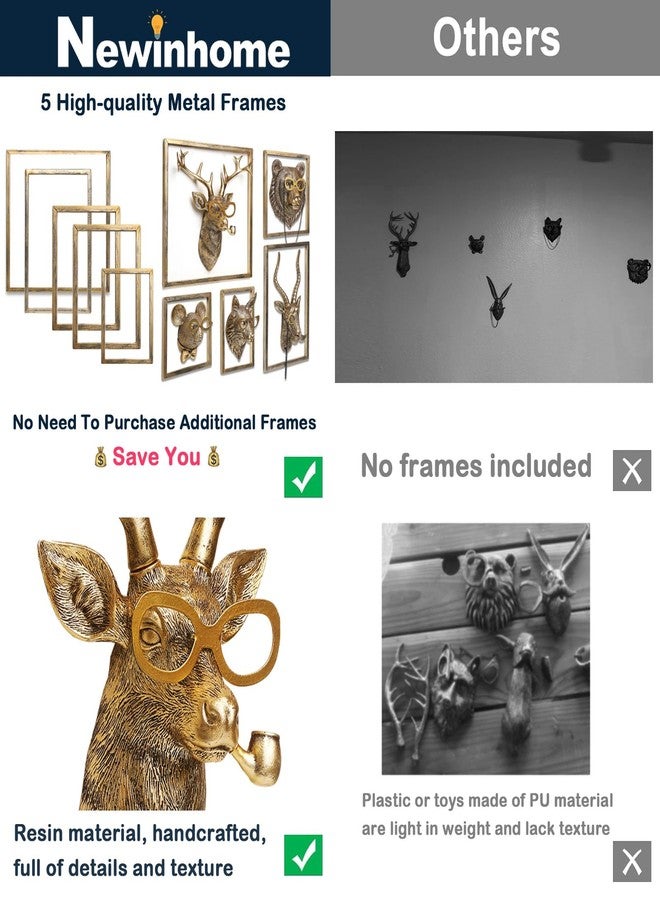 Newinhome ديكور حائط برؤوس حيوانات (5 قطع، مع إطار معدني) منحوتات حيوانات من الراتنج، زينة جدارية ذهبية عتيقة لغرفة المعيشة، غرفة النوم، المكتب - Image 3