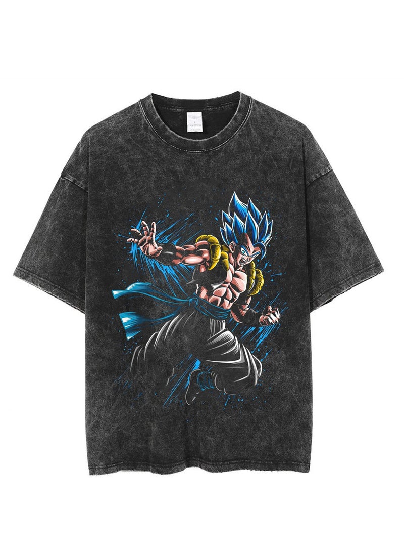 Washed Retro T-shirt Street Hip Hop Anime Dragon Ball Cartoon Print Casual Cotton Summer Short Sleeve - Image 1