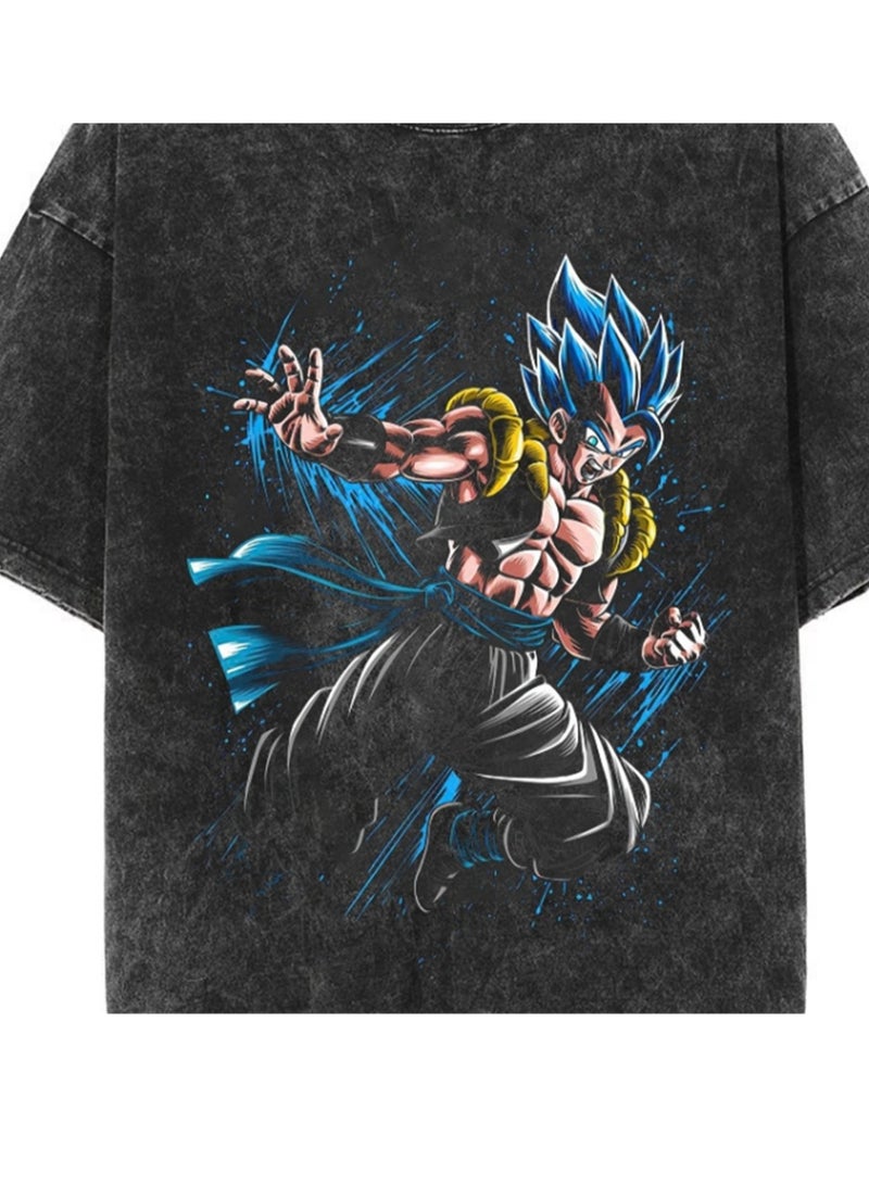 Washed Retro T-shirt Street Hip Hop Anime Dragon Ball Cartoon Print Casual Cotton Summer Short Sleeve - Image 4
