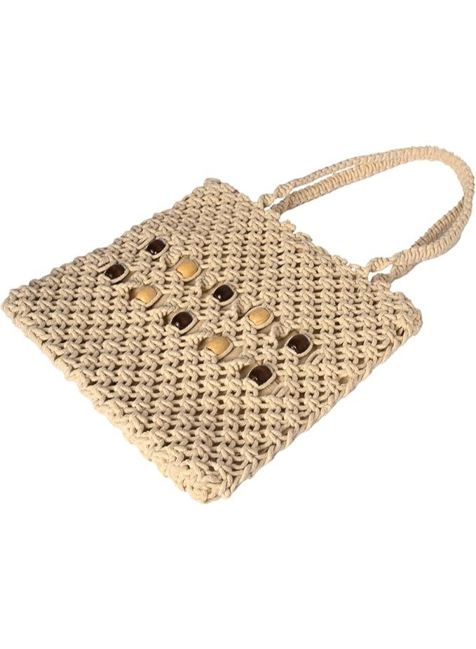 انتيكيانو شنطة شاطئ مكرمية مصنوعة يدويا القطن بتصميم بوهو كروشيه مطرز بالخرز هدية عصرية مقاس 11 انش × 12 - 27.94 سم 30.48 ابيض للنساء - Image 3