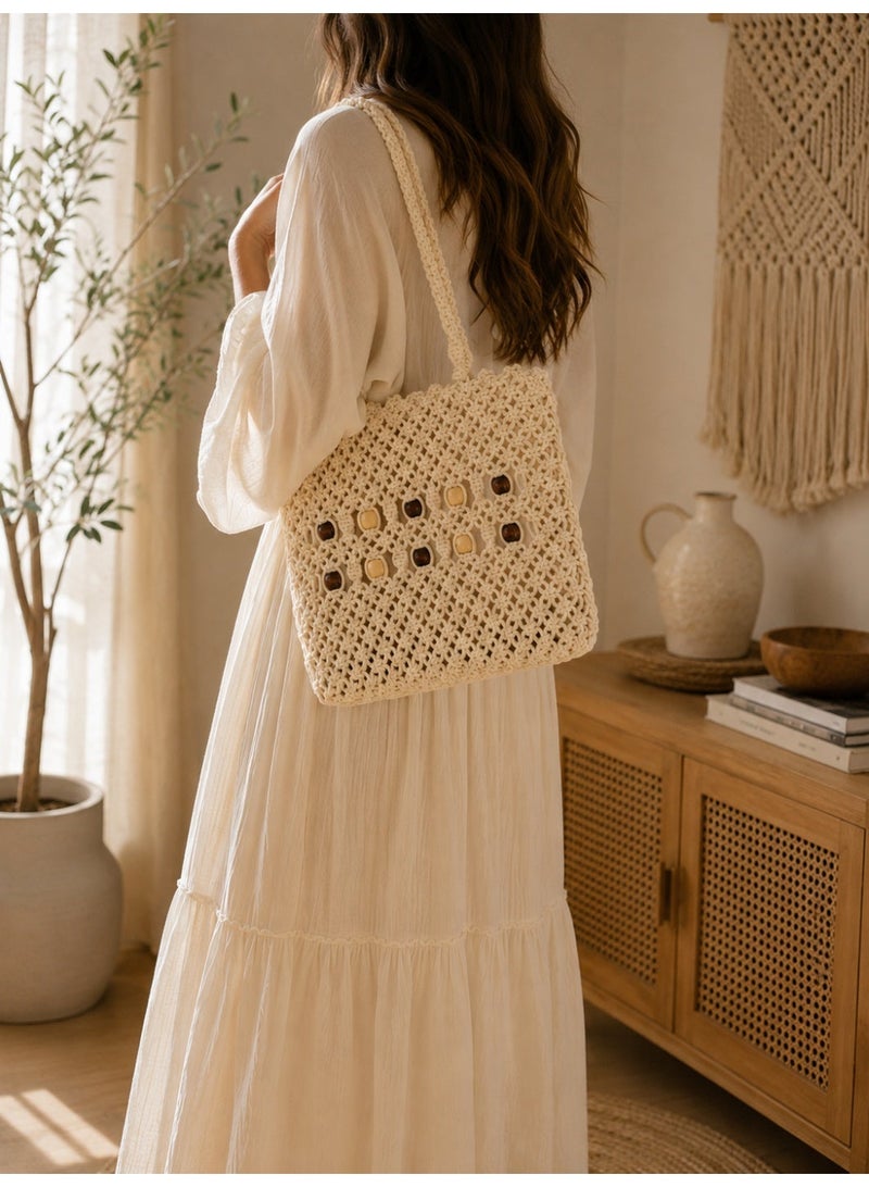 Antikiano Handmade Macrame Shoulder Bag with Decorative Wooden Beads for Everyday Use – 27 x 29 cm - Image 4