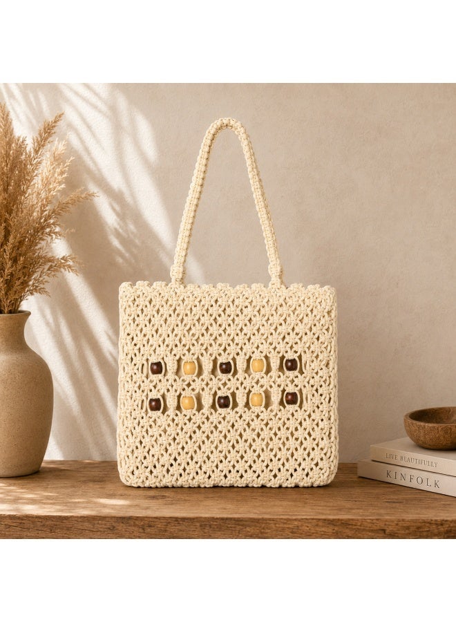 Antikiano Handmade Macrame Shoulder Bag with Decorative Wooden Beads for Everyday Use – 27 x 29 cm - Image 1