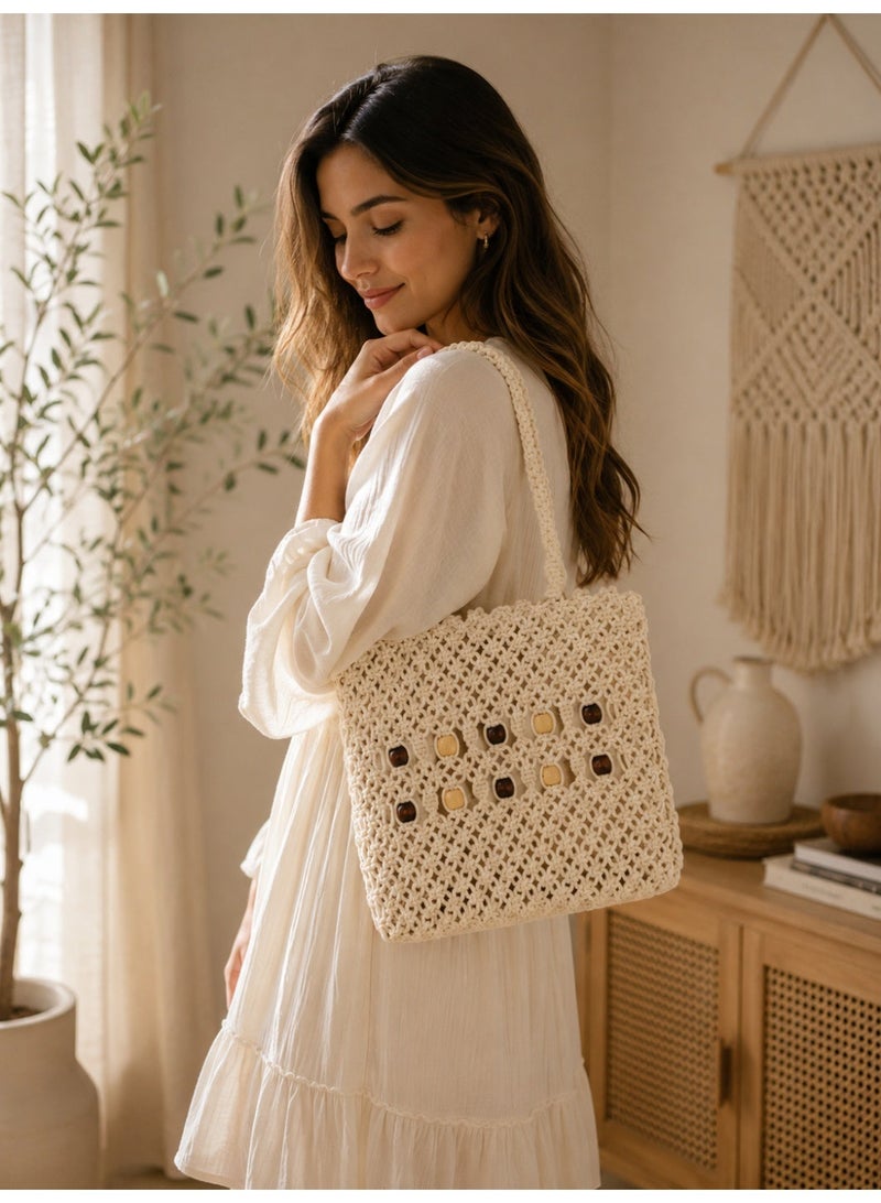 Antikiano Handmade Macrame Shoulder Bag with Decorative Wooden Beads for Everyday Use – 27 x 29 cm - Image 3