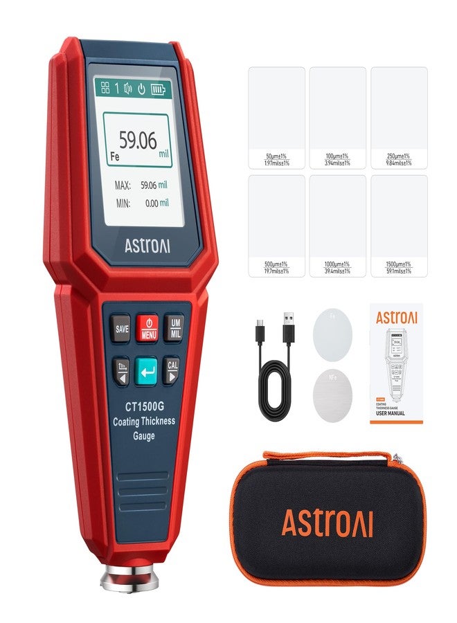 أسترواي مقياس سمك الطلاء AstroAI CT1500G، مقياس رقمي أوتوماتيكي لسمك طلاء السيارات المستعملة، للتحقق من الطلاء الأصلي للسيارة، مزود بإنذار حدّي وشاشة دوارة رباعية الاتجاهات، ودقة 0.01 مل. - Image 1