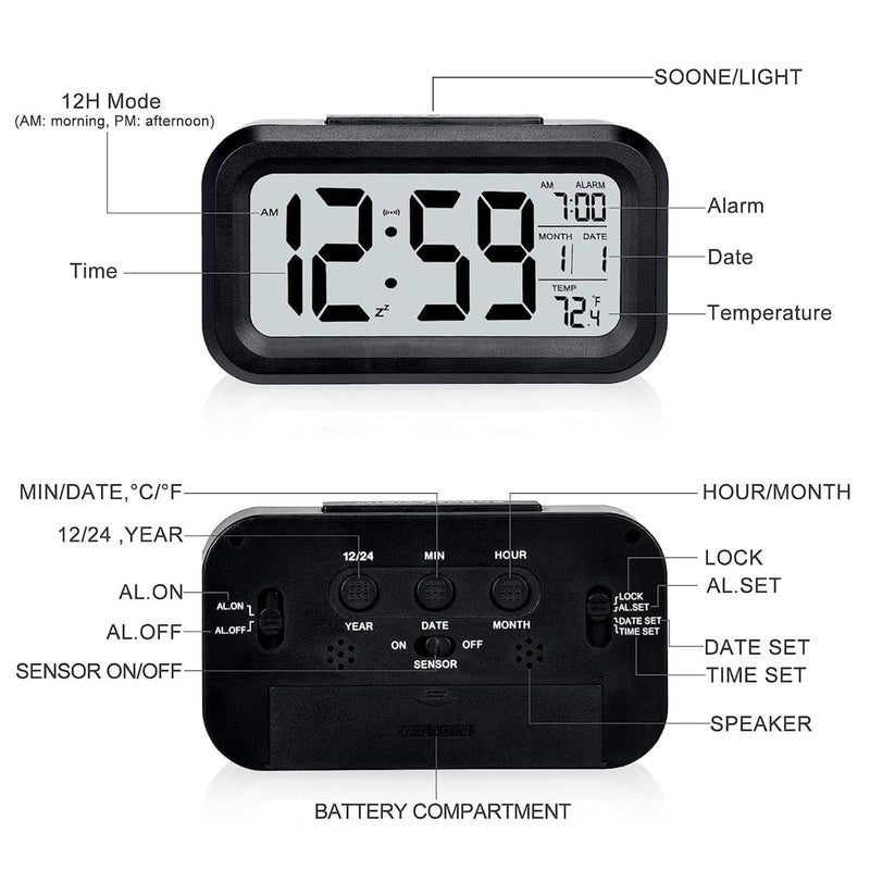 GRAVINO Alarm Clock Digital Clock Table Clock Alarm for Students Digital Alarm Clock Clock for Study Table Digital Clock for TableTemperature Sensor Date 14W x 8H cm Black Digital Black - Image 4
