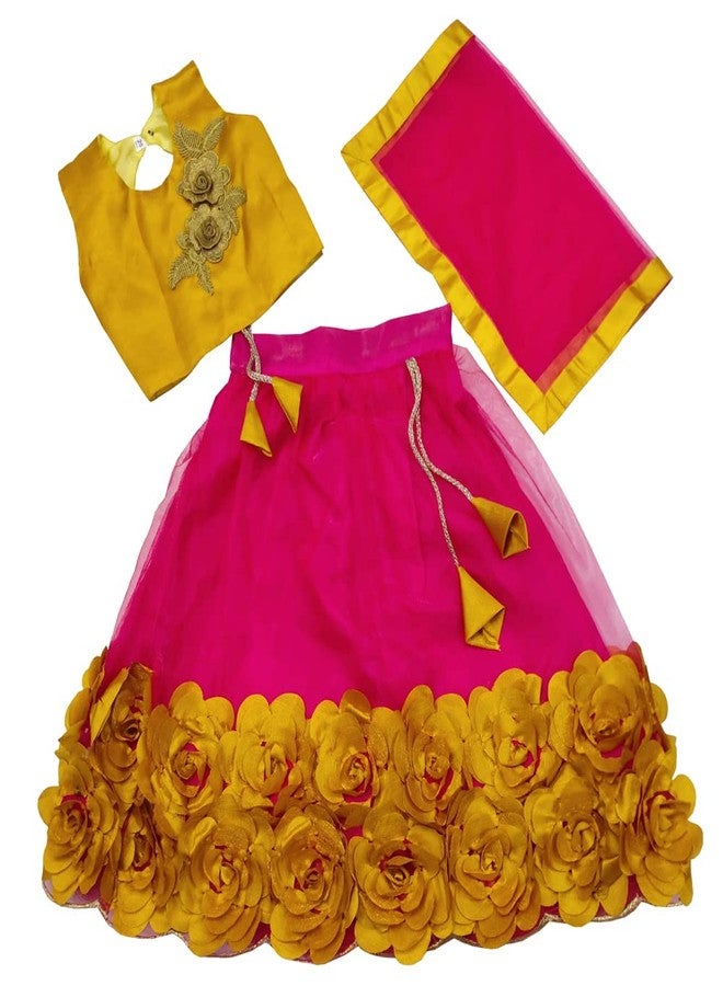 SR CREATION Girl's Heavy Bright Net & Ribbon Embroidery Readymade Lehenga Choli & Dupatta Set (Deep Pink 5-6 YEARS) - Image 1