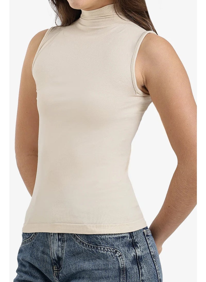 Women's Sleeveless High Neck  Beige  Top – Soft Stretch Fabric – Perfect for Layering & Modest Wear - Image 1