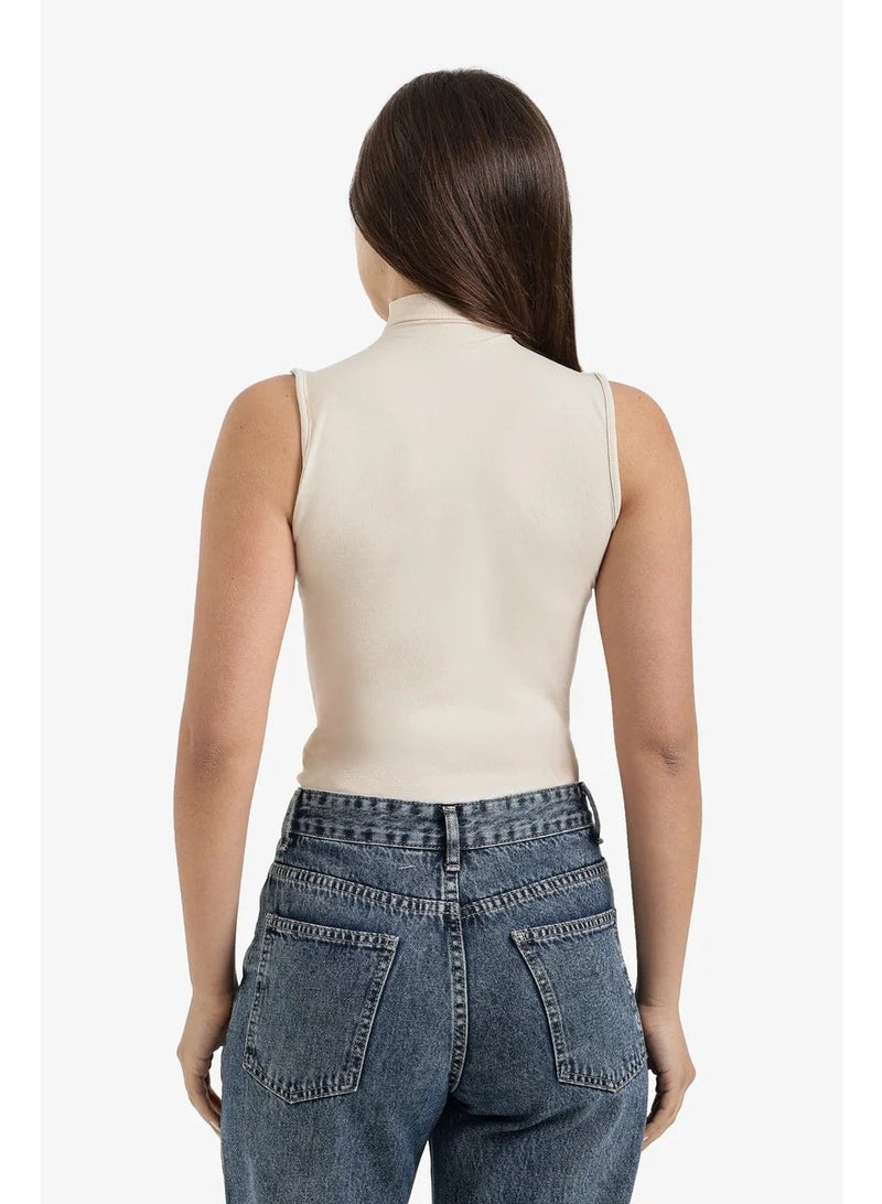 Women's Sleeveless High Neck  Beige  Top – Soft Stretch Fabric – Perfect for Layering & Modest Wear - Image 3