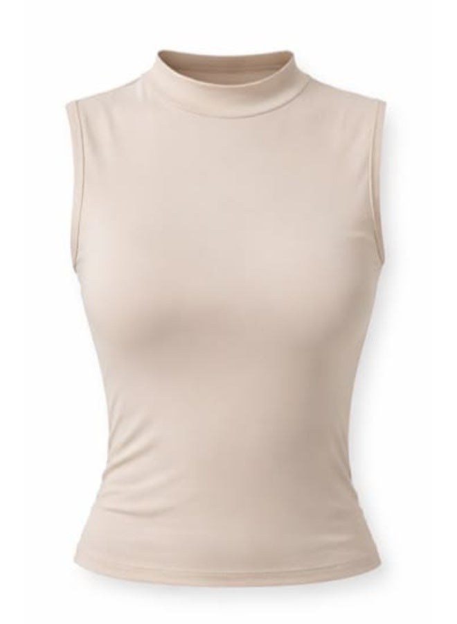 Women's Sleeveless High Neck  Beige  Top – Soft Stretch Fabric – Perfect for Layering & Modest Wear - Image 2