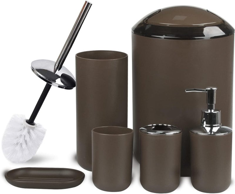 CERBIOR مجموعة إكسسوارات الحمام 6 قطع تشمل موزع الصابون، حامل فرشاة الأسنان، كوب فرشاة الأسنان، طبق الصابون للزينة على السطح وكهدية للبيت الجديد، بني - Image 1