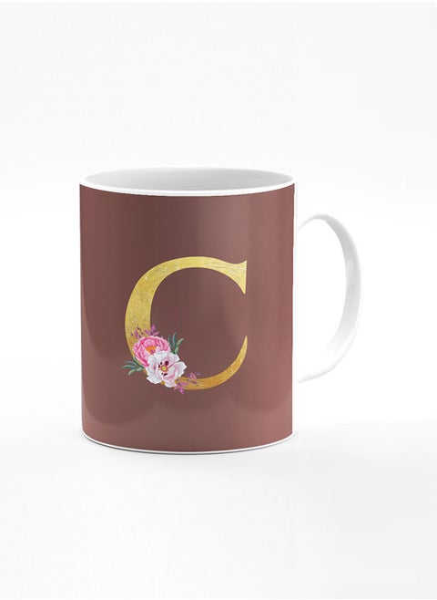 Designer Printed Coffee Mug 11oz Ceramic Personalised Gift Mugs Cup -Custom Monogram Initial Letter Floral Pattern Alphabet - C (Brown)