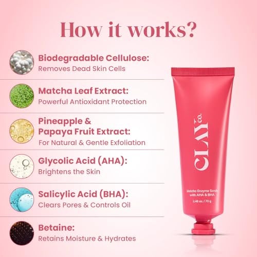 Clayco مقشر الوجه إنزيم ماتشا من كلاي كو مع AHA + BHA لتقشير لطيف، تنظيف عميق للمسام، إزالة الرؤوس السوداء، تفتيح البشرة وتحسين الملمس للبشرة الدهنية والمعرضة لحب الشباب والمختلطة | 70 جرام - Image 4
