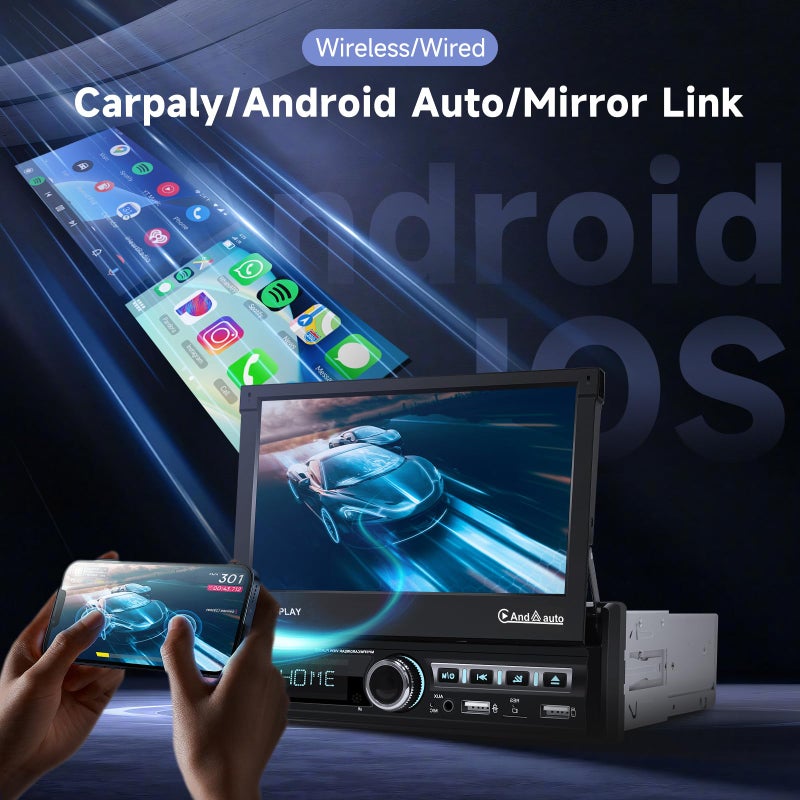 Generic Single Din Automatic Flip Out Car Stereo with Wireless CarPlay Android Auto, 7 Inch Touch Screen Car Radio with Bluetooth, Mirror Link, EQ, SWC, USB, AUX, MIC, FM/RDS Radio Camera, Remote Control  - Image 2