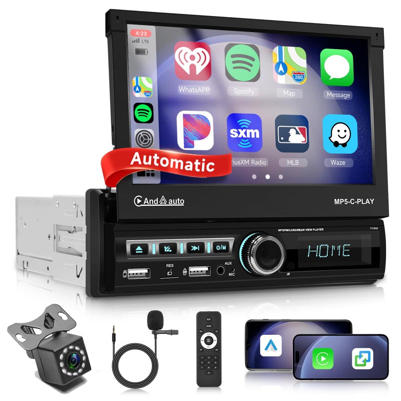 Generic Single Din Automatic Flip Out Car Stereo with Wireless CarPlay Android Auto, 7 Inch Touch Screen Car Radio with Bluetooth, Mirror Link, EQ, SWC, USB, AUX, MIC, FM/RDS Radio Camera, Remote Control  - Image 1