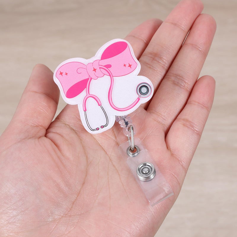 BEZTN Pink Bow Stethoscope Badge Reel  Cute Retractable Id Card Badge Holder  Name Tag Work Badge Clip For Icu Nicu Rn Lpn Cna Ma Er Cardiology Night Shift Nurse Nursing Student Or Gi Doctor  Nurse Gifts - Image 2