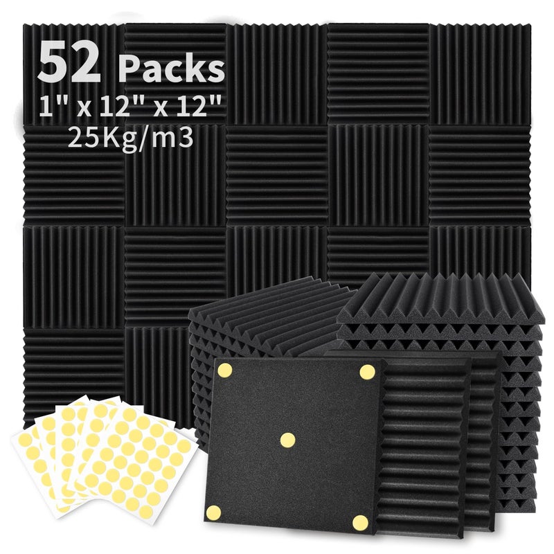 Focusound 52 Pack Acoustic Foam Panels 1" x 12" x 12" Sound Proof Foam Panles Soundproofing Noise Cancelling Wedge Panels for Home Office Recoding Studio with 300PCS Double-Side Adhesive - Image 1