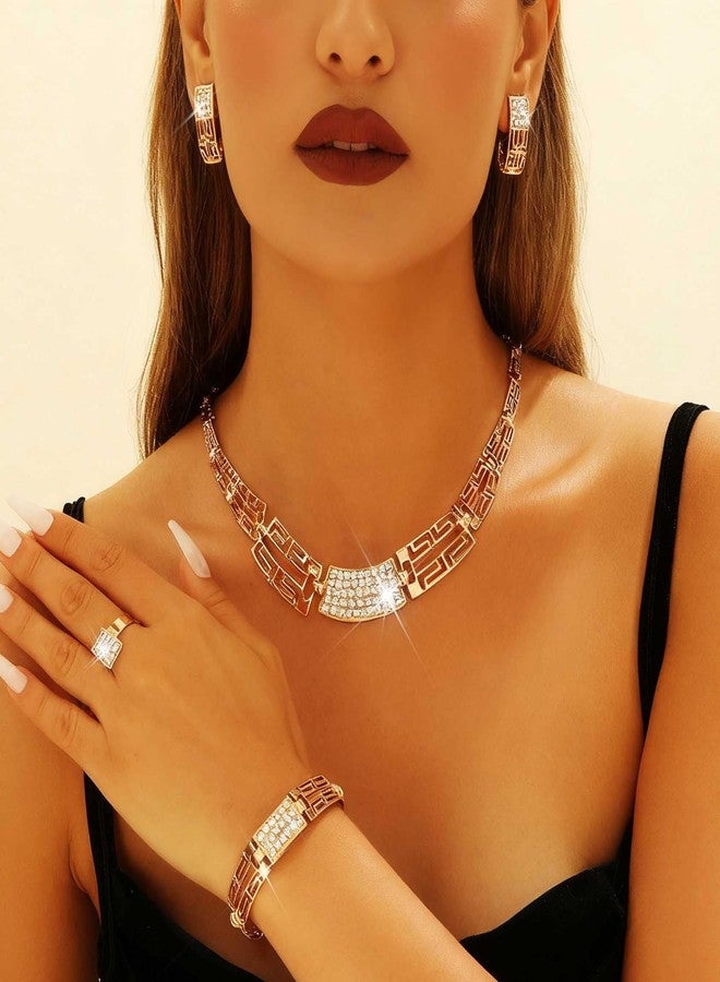 CLOACE Gold Rhinestone Necklace Set Thick Necklaces Earring Sets Bridal Wedding Jewelry Accessories for Women (G-A) - Image 4