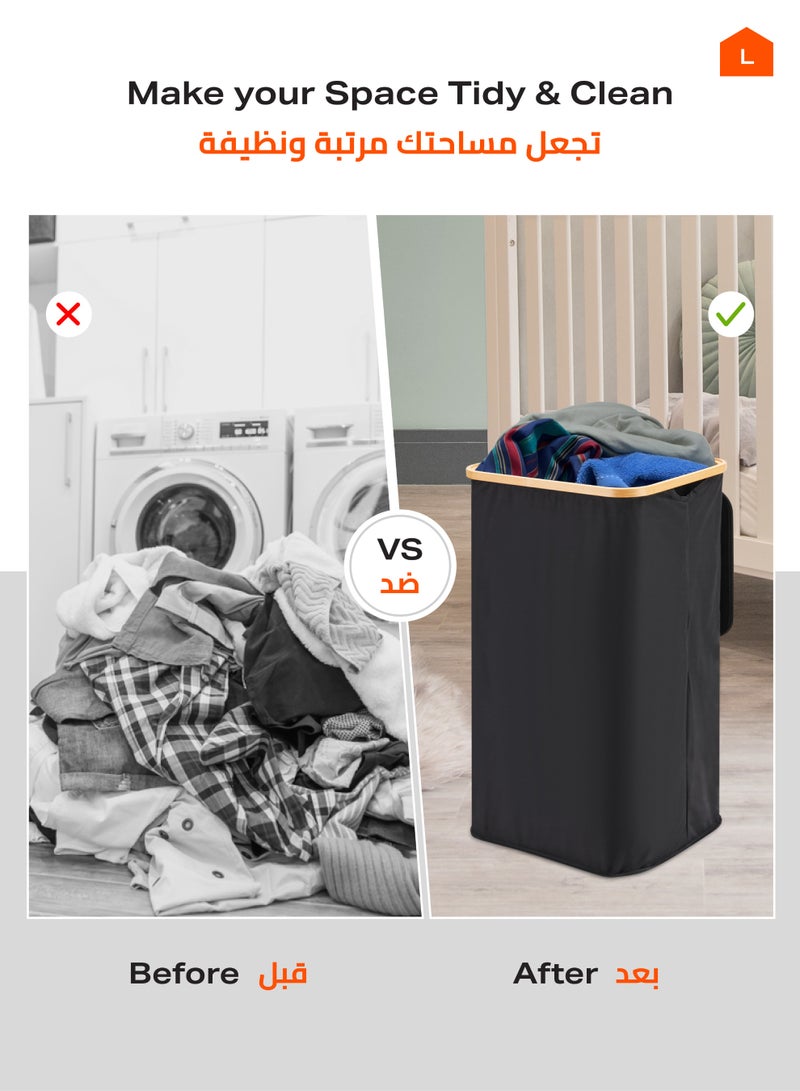 LAWAZIM Folding Clothes Basket Organizer with Removable Inner Bag - 40x33x73cm, Black - Dirty Laundry Hamper with Lid Cover & Collapsible Design - Tall Waterproof Basket for Bedroom Bathroom Laundry Room - Image 3