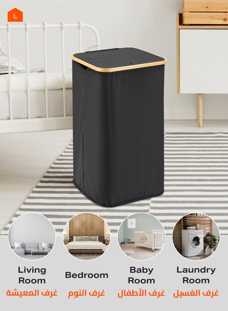 LAWAZIM Folding Clothes Basket Organizer with Removable Inner Bag - 40x33x73cm, Black - Dirty Laundry Hamper with Lid Cover & Collapsible Design - Tall Waterproof Basket for Bedroom Bathroom Laundry Room - Image 5