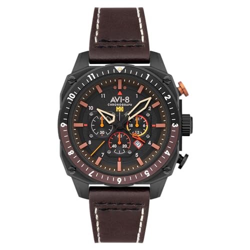 AVI-8 AVI8 Mens 44mm Hawker Hunter Atlas Dual Time Chronograph Soot Black Watch with Leather Strap AV410008 - Image 1