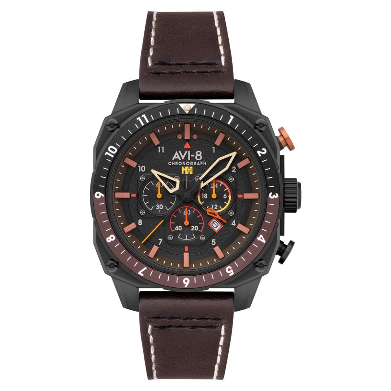 AVI-8 AVI8 Mens 44mm Hawker Hunter Atlas Dual Time Chronograph Soot Black Watch with Leather Strap AV410008 - Image 2