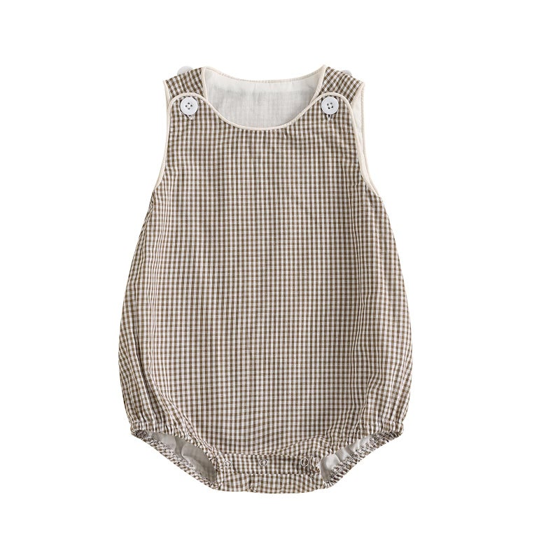 Kuriozud Unisex Newborn Baby Boy Girl Summer Clothes Sleeveless Bubble Romper Jumpsuit Overall Shorts Infant Clothing (Plaid Khaki, 0-3 Months) - Image 1