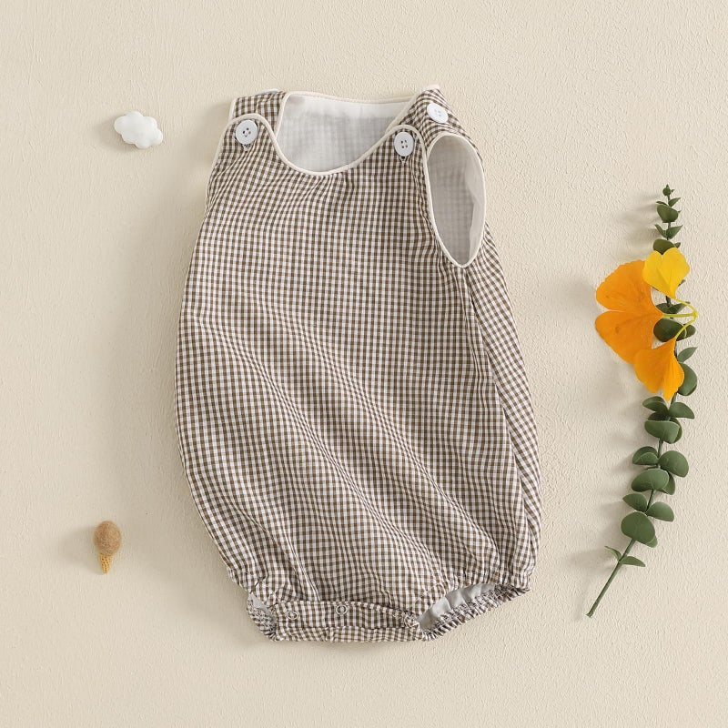 Kuriozud Unisex Newborn Baby Boy Girl Summer Clothes Sleeveless Bubble Romper Jumpsuit Overall Shorts Infant Clothing (Plaid Khaki, 0-3 Months) - Image 3