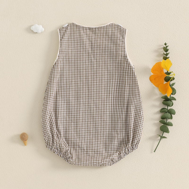 Kuriozud Unisex Newborn Baby Boy Girl Summer Clothes Sleeveless Bubble Romper Jumpsuit Overall Shorts Infant Clothing (Plaid Khaki, 0-3 Months) - Image 4