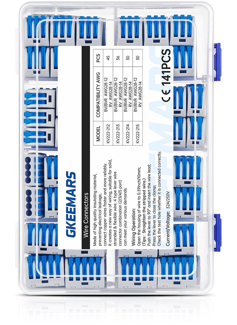 141Pcs Lever Wire Connectors, Compact Splicing Conductor Connector for Solid Stranded Flexible Wires 28-12 AWG Blue