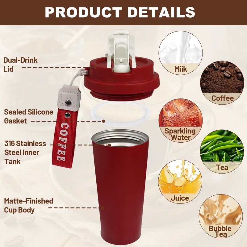 DITOSH Insulated Coffee Tumbler 17.9oz 530ml Travel Coffee Mug 316 Stainless Steel Dual Drink Openings Leakproof Lid Reusable Insulated Coffee Mug Hot and Cold Ideal Travel Mug for Coffee Lover Daily - Image 3