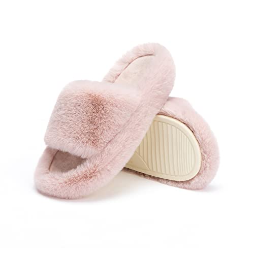 Chantomoo Women's Pink Slippers Size 7-8 Memory Foam Faux Fur Lined Comfy Fuzzy Plush Anti-Skid Sole Classic Open Toe Trendy Gift Slippers - Image 1