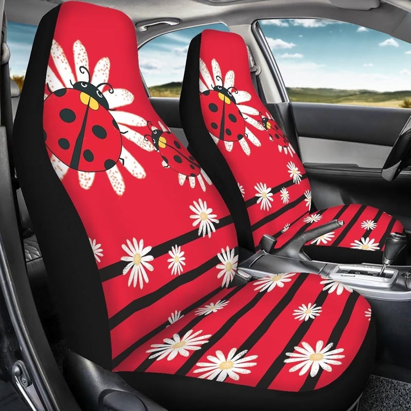 TOADDMOS Cartoon Ladybirds Front Seat Covers for Cars White Daisy Driver Car Seat Cover Soft Comfort Bucket Seat Covers Universal Fit for SUV Truck Sedan - Image 3