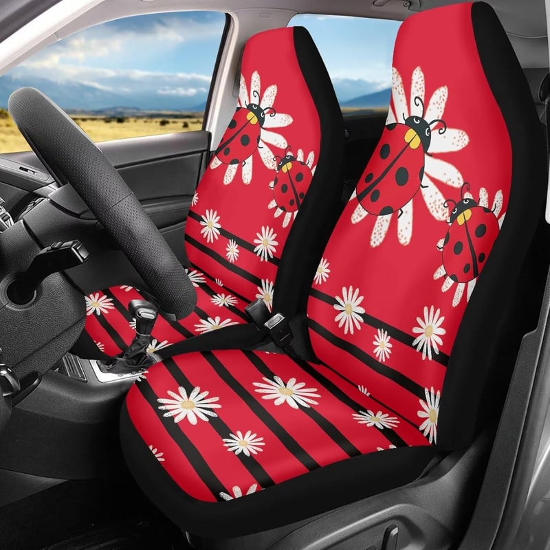 TOADDMOS Cartoon Ladybirds Front Seat Covers for Cars White Daisy Driver Car Seat Cover Soft Comfort Bucket Seat Covers Universal Fit for SUV Truck Sedan - Image 2