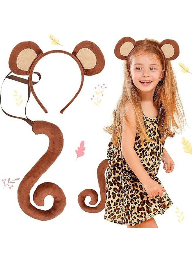 Monkey Ears and Tail Costume Accessories Headband Set, Jungle Animals Costume Kids Farm Animals Party Supplies Animals Party Favors Birthday Decoration - Image 1