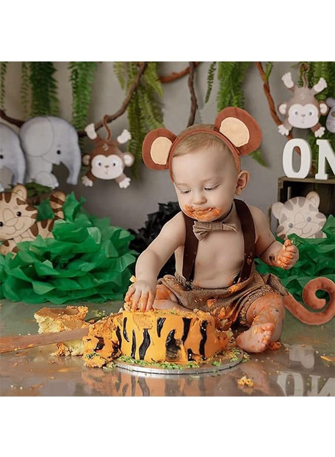 Monkey Ears and Tail Costume Accessories Headband Set, Jungle Animals Costume Kids Farm Animals Party Supplies Animals Party Favors Birthday Decoration - Image 2