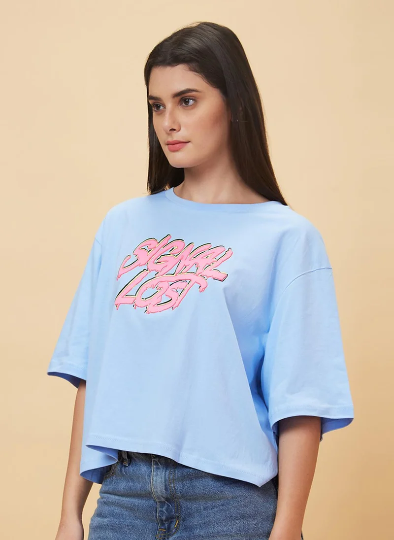globus Globus Women Blue Typography Printed Pure Cotton Oversized Casual T-Shirt